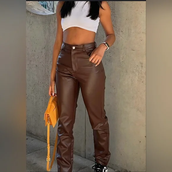 White Fox Edgy Rebellious SZ M Brown Hi Rise Sexy Faux Leather Mob Wife Pants - Picture 1 of 12